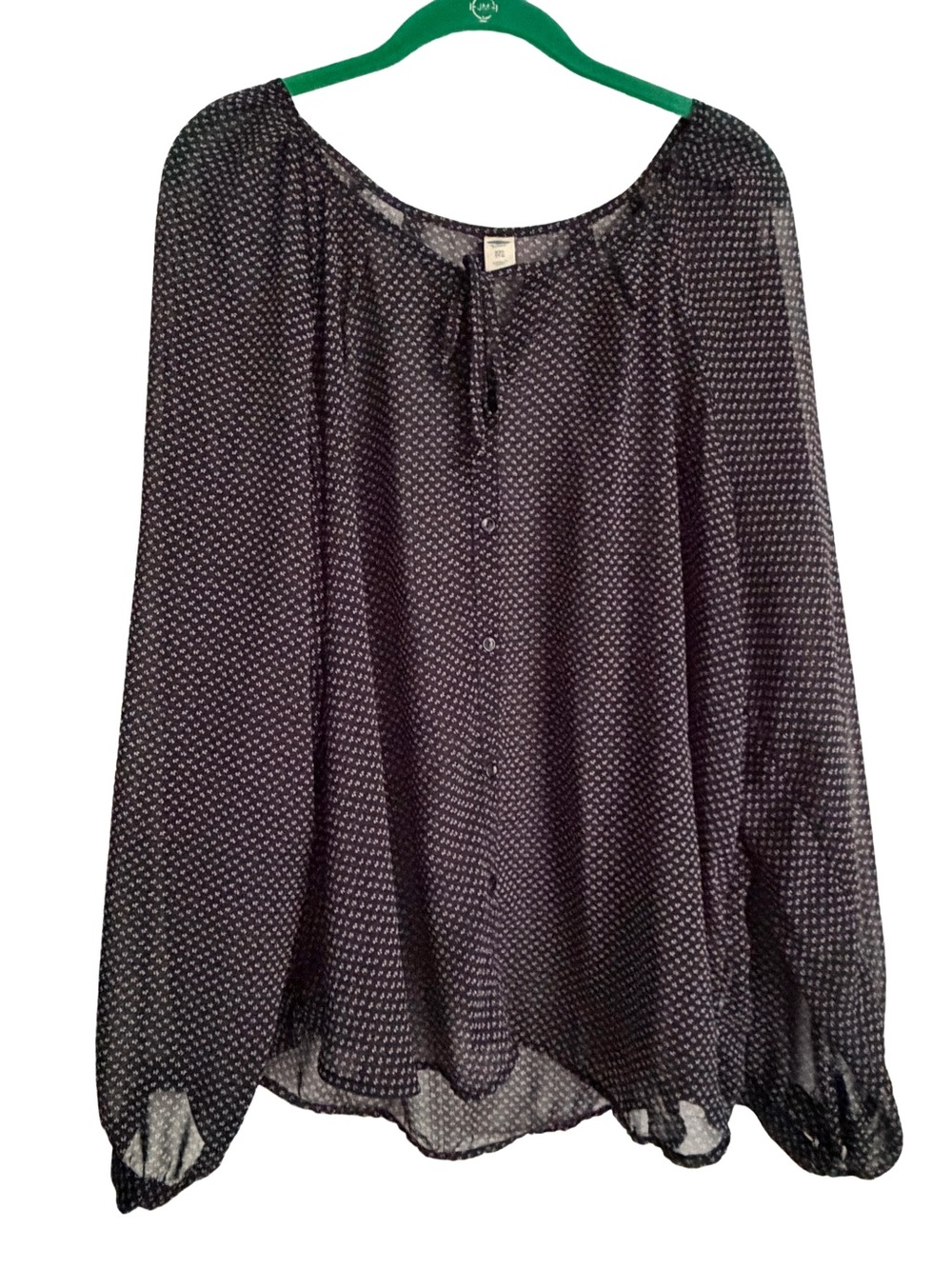 Old Navy Sheer Black Button and Tie Front Peasant Blouse White Pattern Size XXL